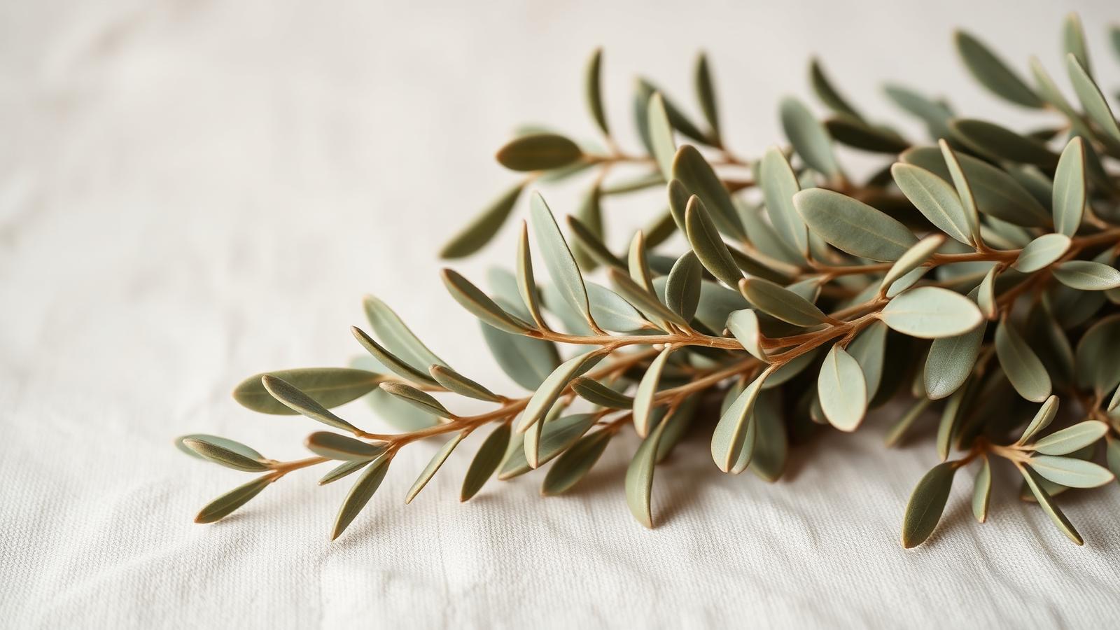 Soft eucalyptus and olive branches resting on a cream linen surface.