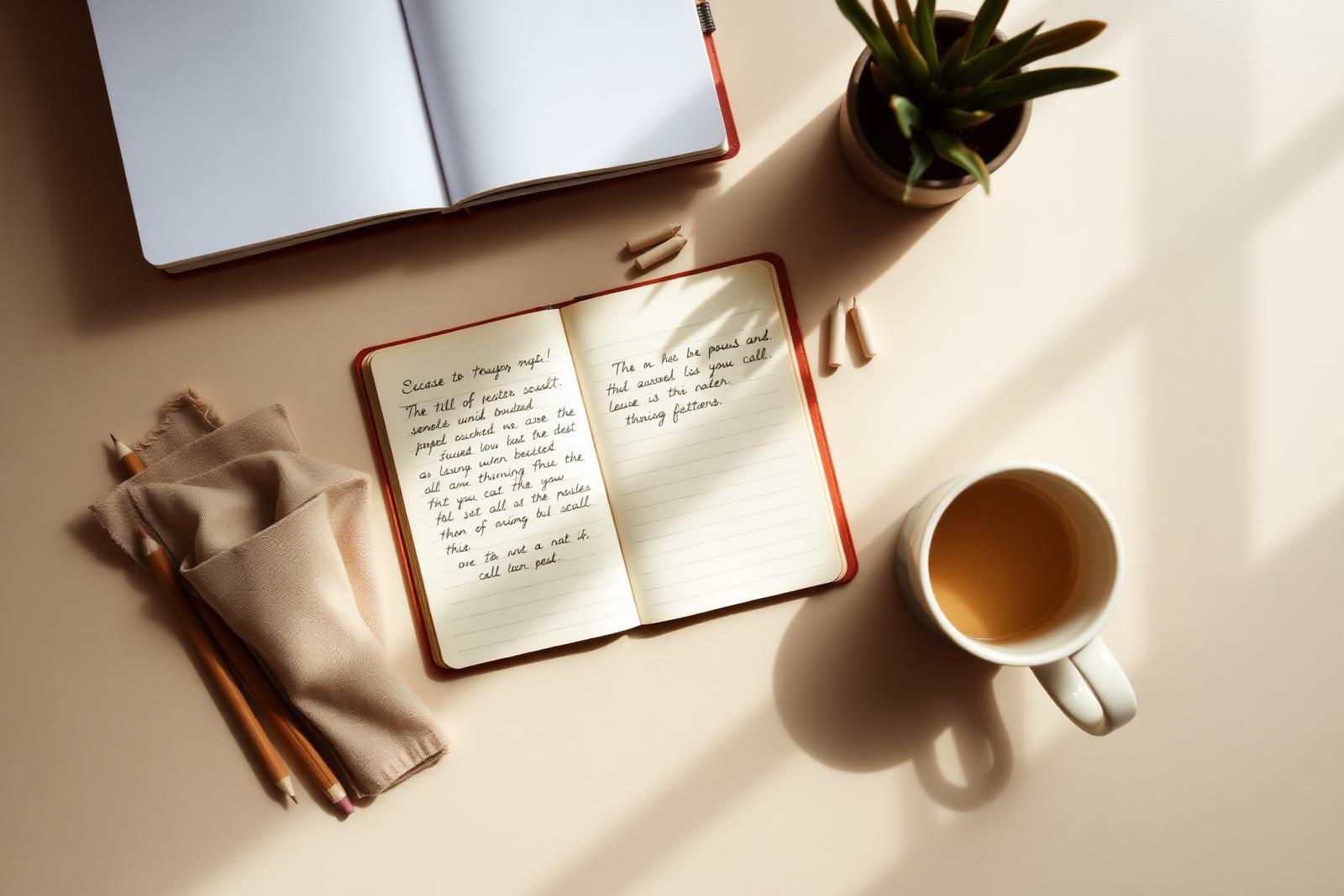 An overhead flat-lay of a teacher's desk with an open lesson notebook, a small potted plant, and wooden pencils.