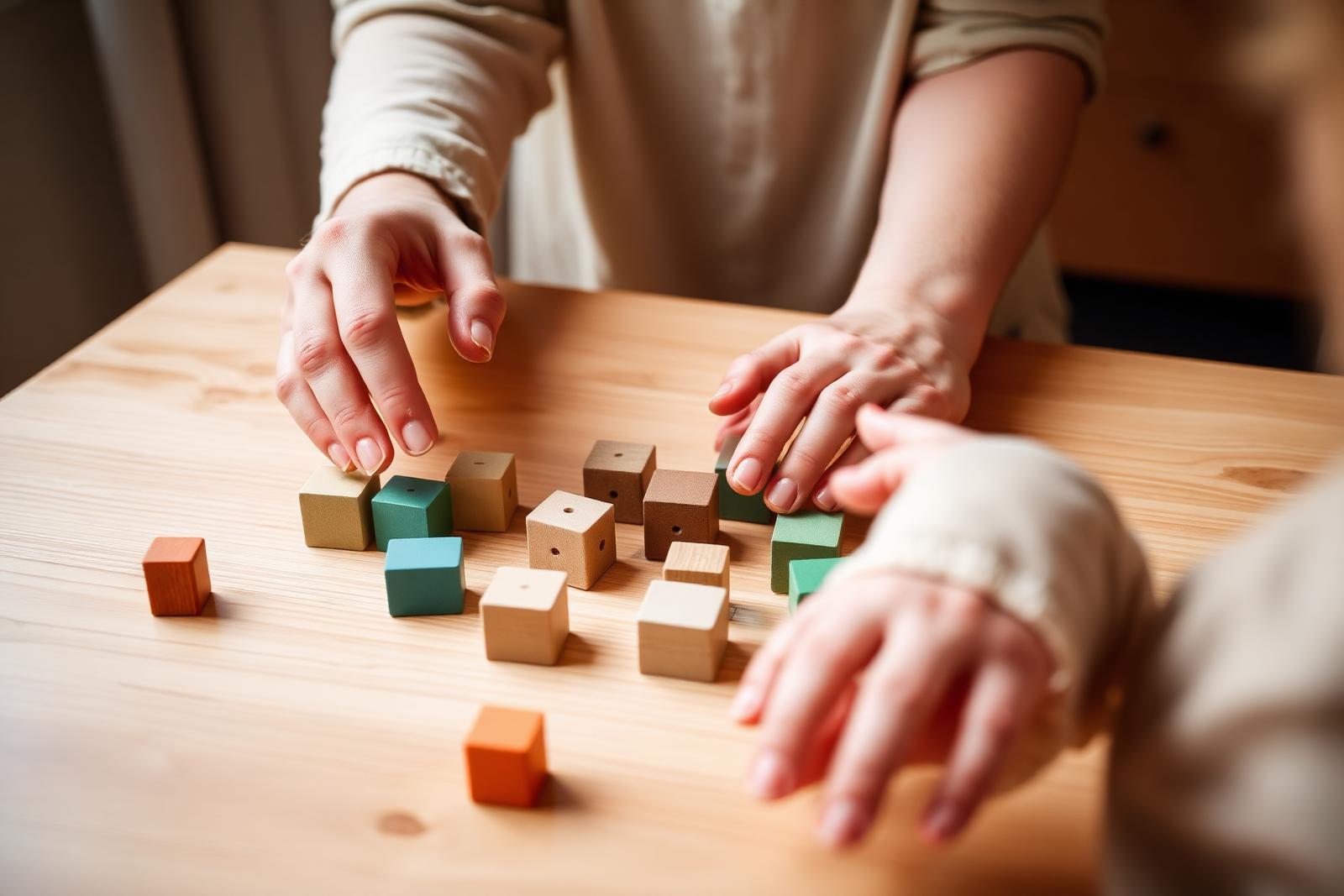 An adult's hands gently guiding a child's hands as they arrange wooden learning blocks.