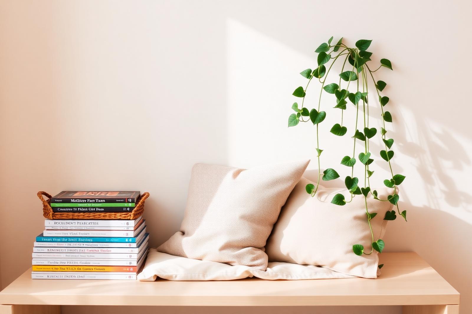 A calm classroom reading nook with a stack of books, linen cushions, and a trailing plant.